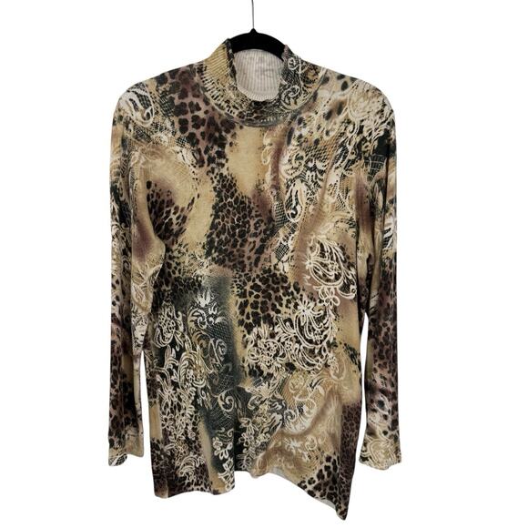 Cache animal artsy pattern knit high neck top size large Brown Gold Long Sleeve - Picture 11 of 11